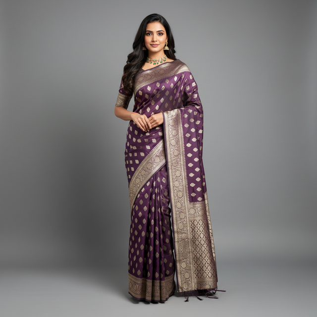 Purple Kanjivaram-style saree with gold zari border and patterned pallu