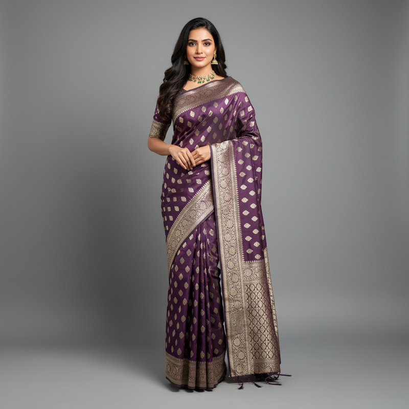 Purple woven saree with golden zari border and diamond motifs