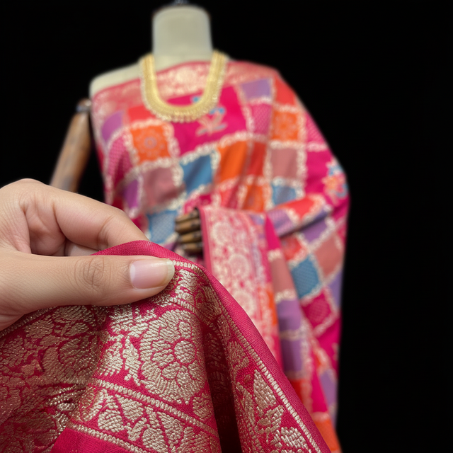 Silk saree fabric close-up with gold zari weave and maroon patterned pallu border