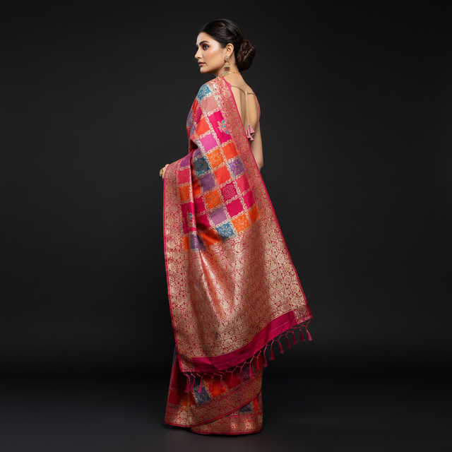 Silk saree with maroon, orange, and blue patchwork and gold zari border