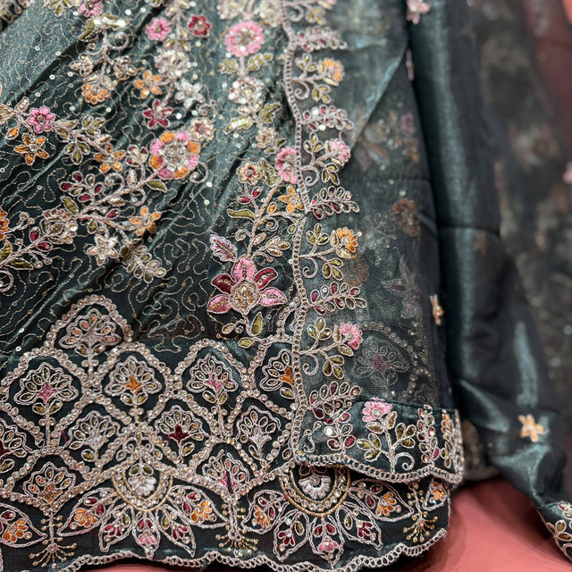 Embroidered bottle green organza lehenga border with colorful resham and zari floral motifs