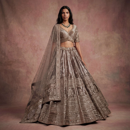 Damsel - 18 Kali Designer Velvet Bollywood Inspired Lehenga Chiku Gold