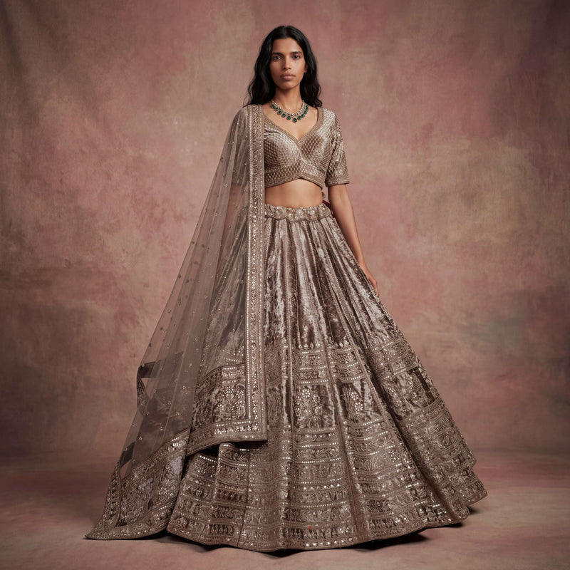 Damsel - 18 Kali Designer Velvet Bollywood Inspired Lehenga Chiku Gold