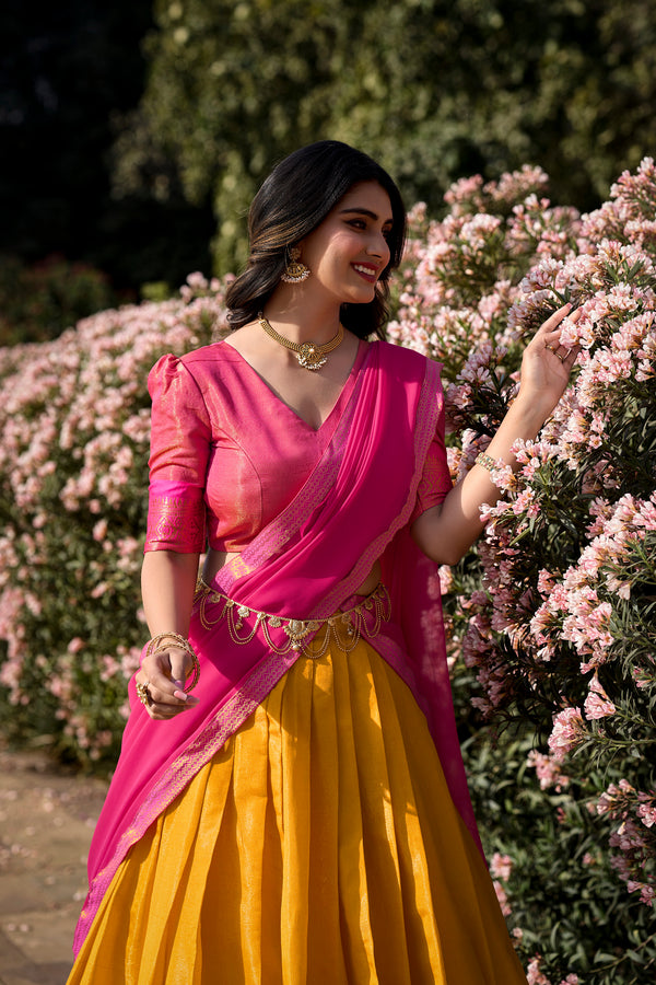 Doli - Kanchipuram Zari Weaving Work Mustard Lehenga Choli Set - JMS Studio