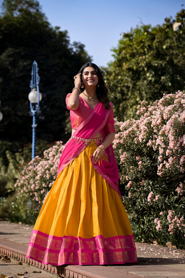 Doli - Kanchipuram Zari Weaving Work Mustard Lehenga Choli Set - JMS Studio