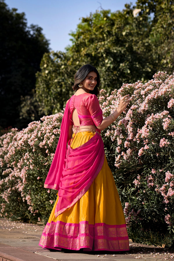 Doli - Kanchipuram Zari Weaving Work Mustard Lehenga Choli Set - JMS Studio