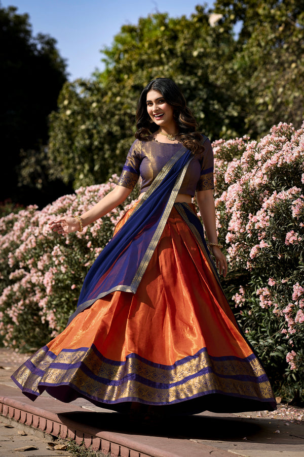 Doli - Kanchipuram Zari Weaving Work Orange Lehenga Choli Set - JMS Studio