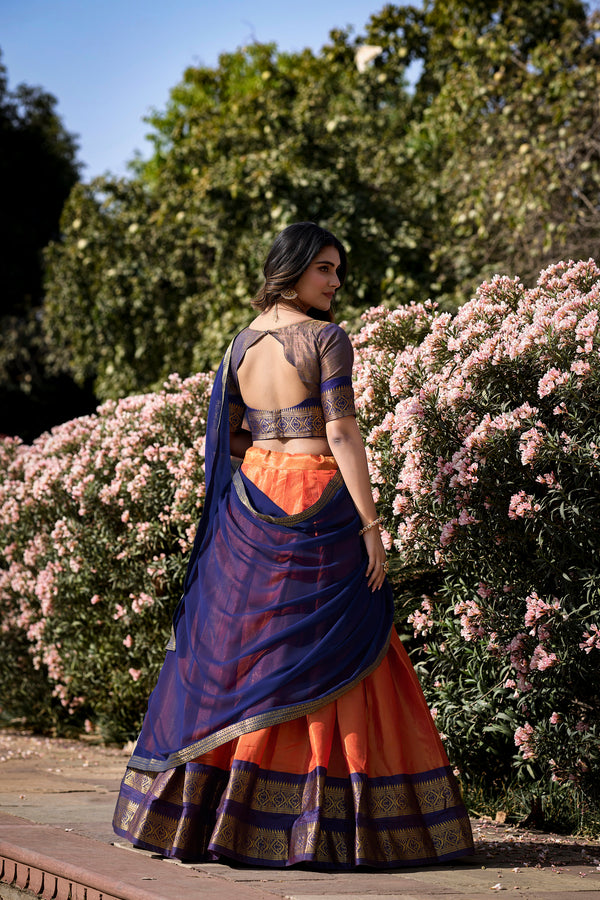 Doli - Kanchipuram Zari Weaving Work Orange Lehenga Choli Set - JMS Studio