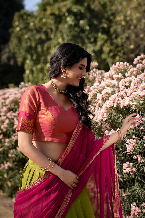 Doli - Kanchipuram Zari Weaving Work Pista Lehenga Choli Set - JMS Studio