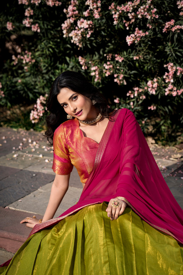 Doli - Kanchipuram Zari Weaving Work Pista Lehenga Choli Set - JMS Studio