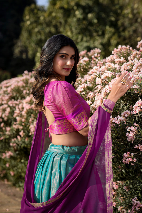 Doli - Kanchipuram Zari Weaving Work Sky Blue Lehenga Choli Set - JMS Studio