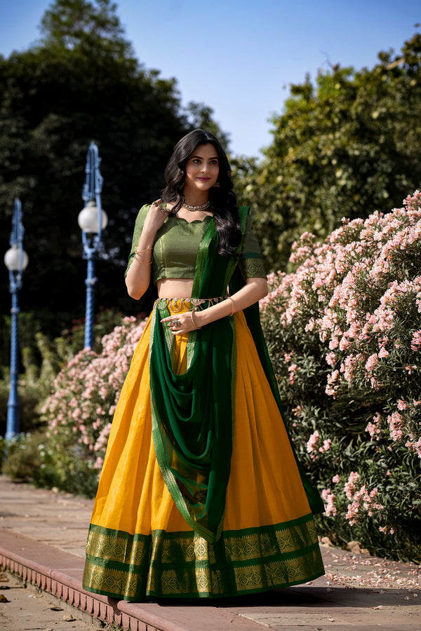 Doli - Kanchipuram Zari Weaving Work Yellow Lehenga Choli Set - JMS Studio