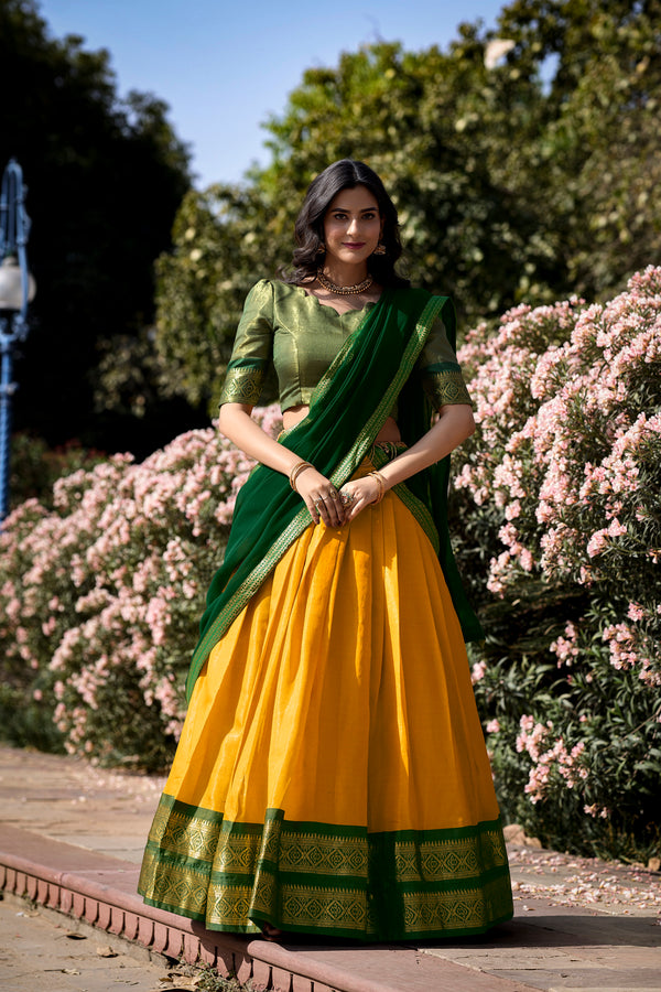 Doli - Kanchipuram Zari Weaving Work Yellow Lehenga Choli Set - JMS Studio