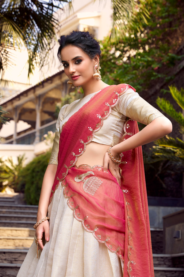 Doli - Elegant Golden Zari Weaving Work Off White Lehenga Choli Set - JMS Studio