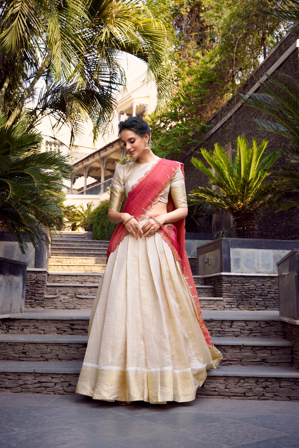 Doli - Elegant Golden Zari Weaving Work Off White Lehenga Choli Set - JMS Studio