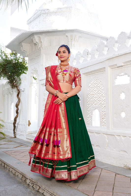 Doli - Vichitra Silk Plain with Paithni Lace Border Green Lehenga Choli set - JMS Studio