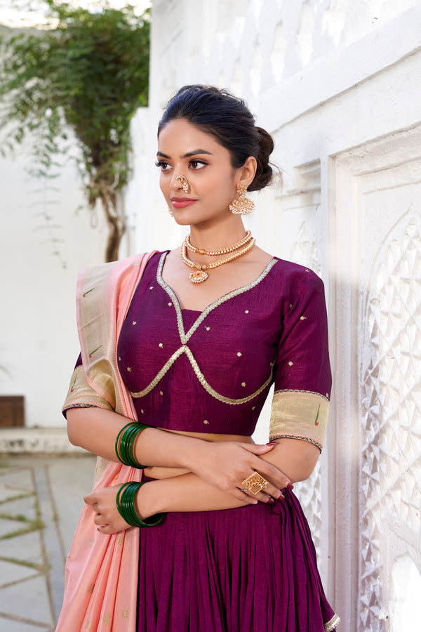Doli - Vichitra Silk Plain with Paithni Lace Border Wine Lehenga Choli set - JMS Studio