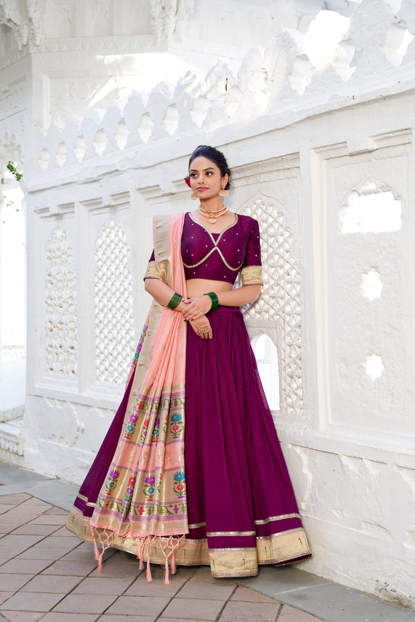Doli - Vichitra Silk Plain with Paithni Lace Border Wine Lehenga Choli set - JMS Studio