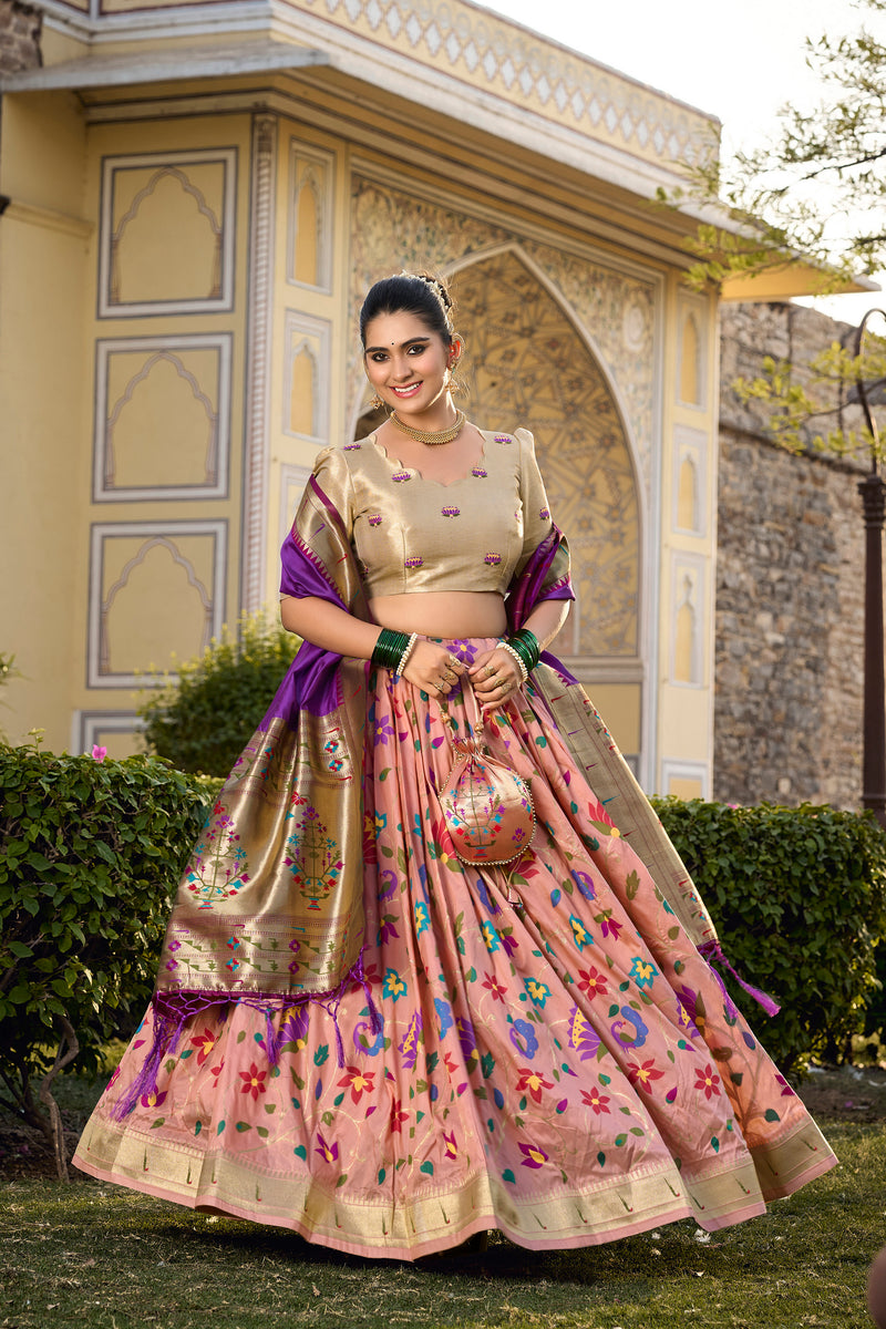 Doli - Jacquard Silk Weaving Zari Work Peach Lehenga Choli Set - JMS Studio