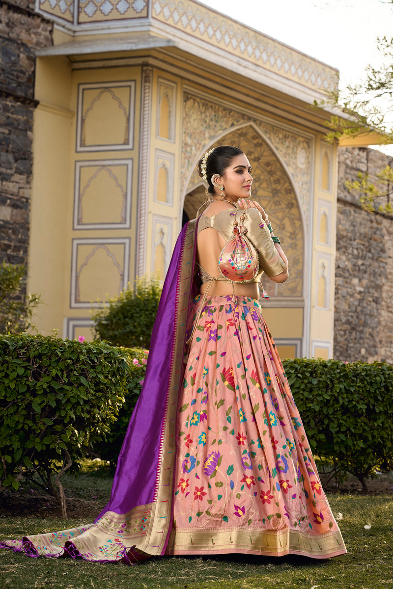 Doli - Jacquard Silk Weaving Zari Work Peach Lehenga Choli Set - JMS Studio