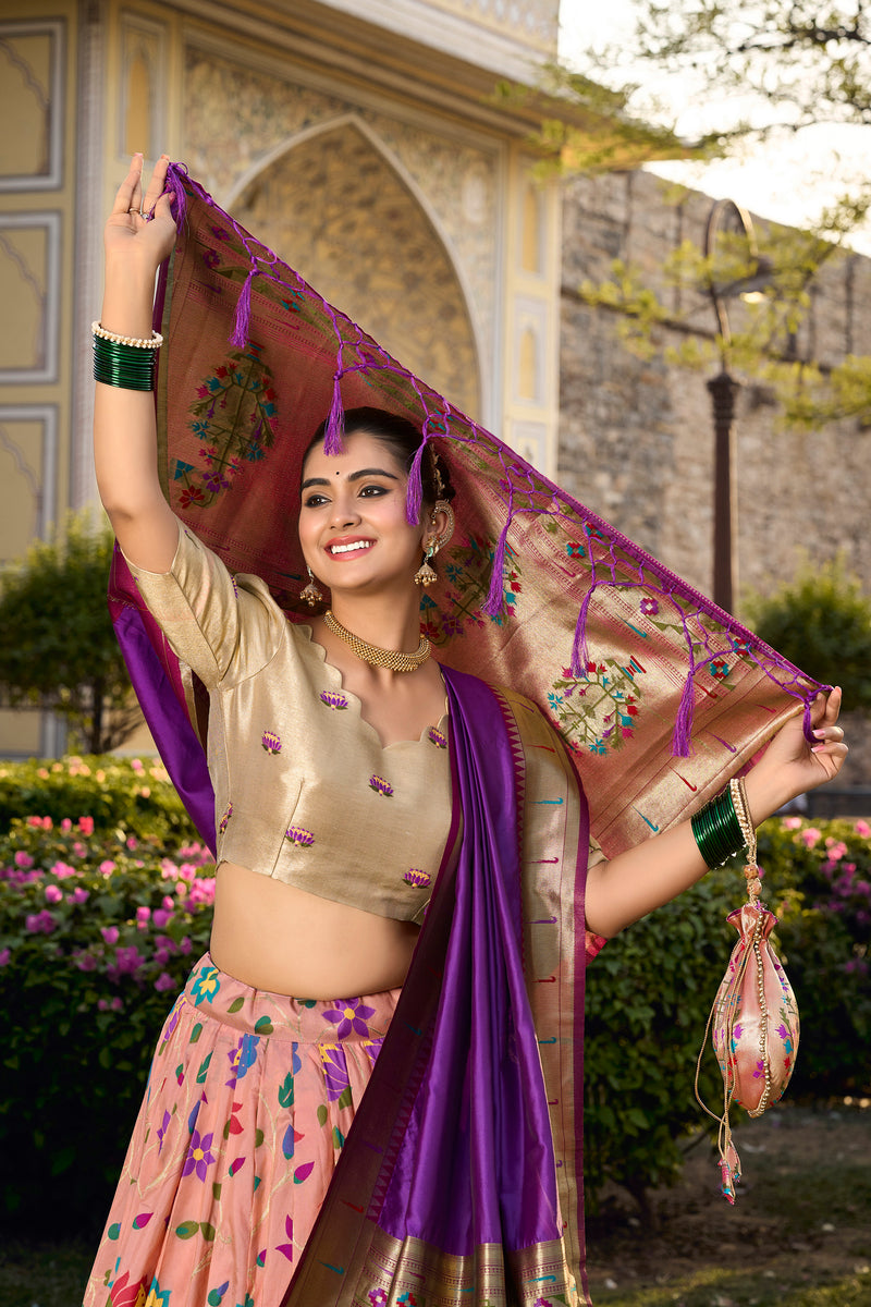 Doli - Jacquard Silk Weaving Zari Work Peach Lehenga Choli Set - JMS Studio