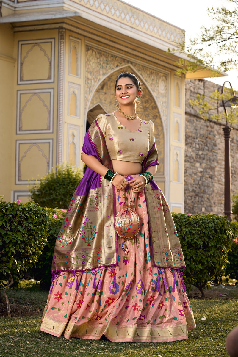 Doli - Jacquard Silk Weaving Zari Work Peach Lehenga Choli Set - JMS Studio