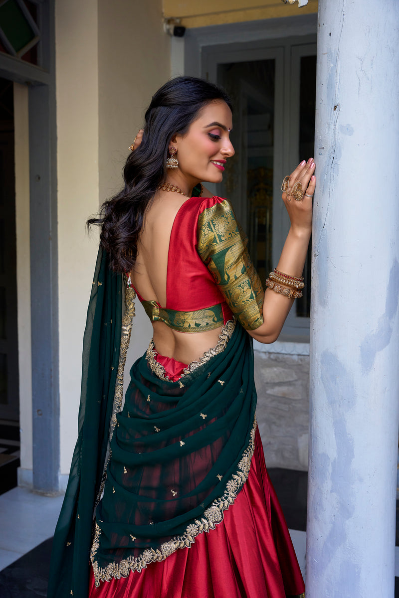 Doli - A Touch of South Indian Grace Red Zari Weaving Lehenga Choli - JMS Studio