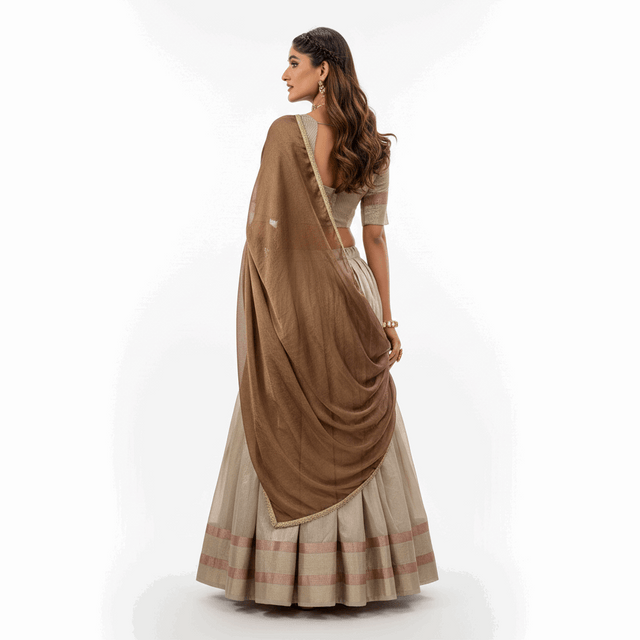 Silk lehenga choli set, offwhite skirt with brown drape and pinkish border