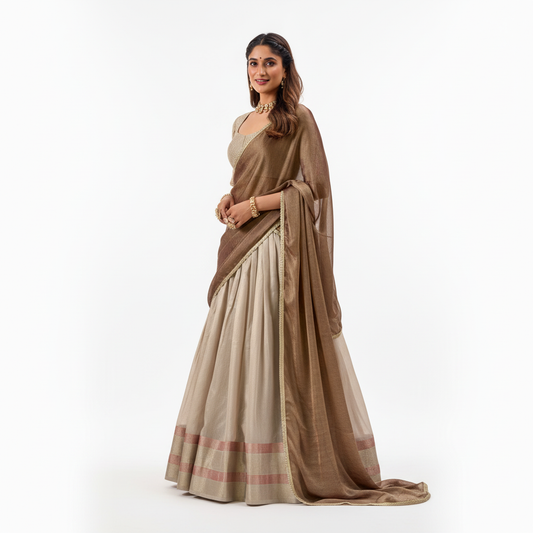 Doli - Jacquard Silk Zari Weaving Work OffWhite Gold Lehenga Choli set