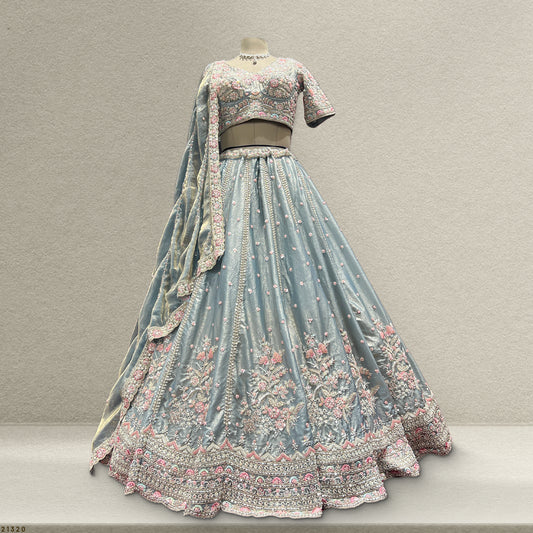 Cherry Blossom -  Modern Minimal Boota Pattern Pastel Handwork Lehenga