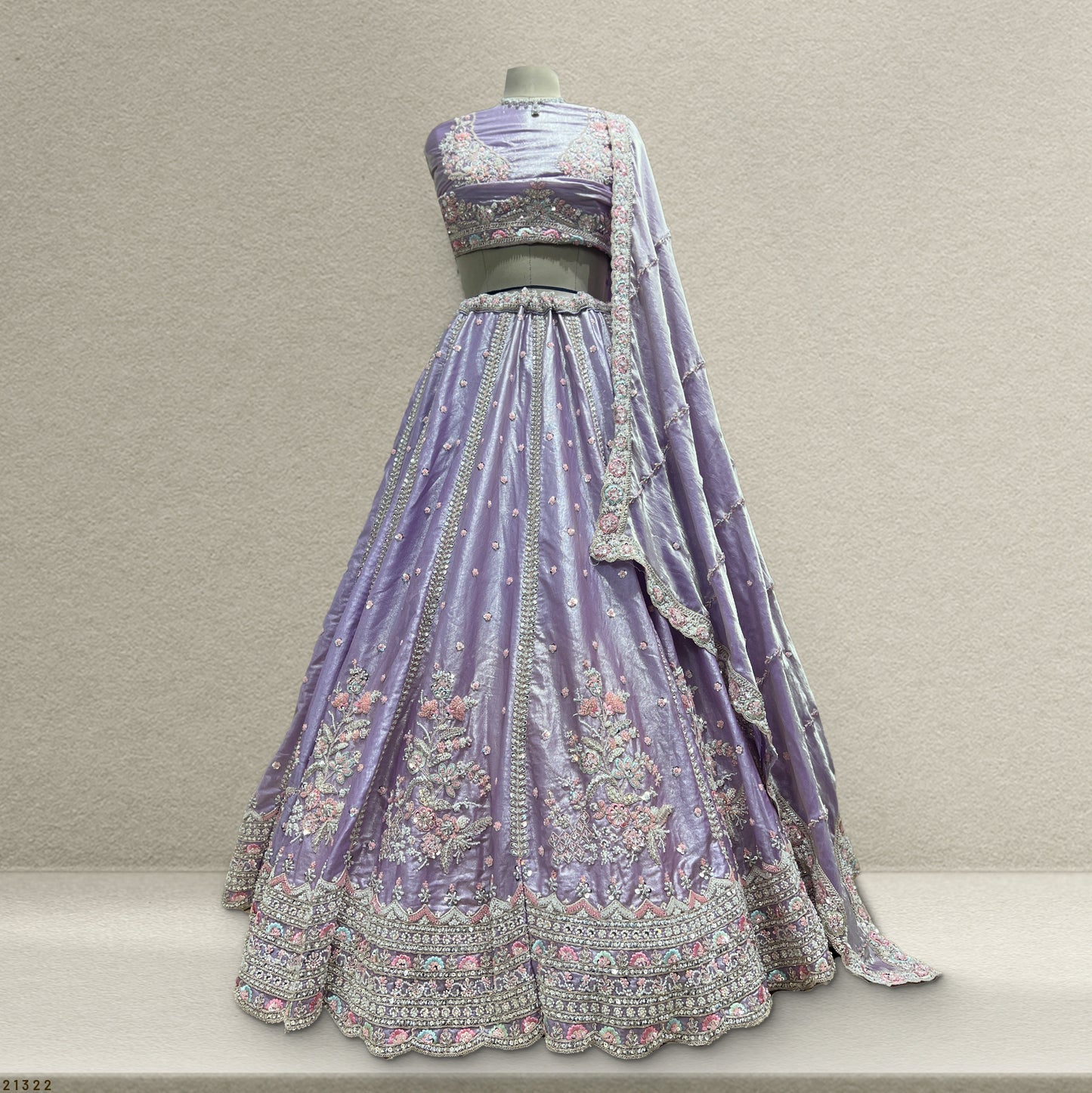 Cherry Blossom -  Modern Minimal Boota Pattern Pastel Handwork Lehenga Lavender