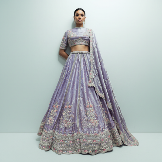 Cherry Blossom -  Modern Minimal Boota Pattern Pastel Handwork Lehenga Lavender
