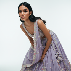 Cherry Blossom -  Modern Minimal Boota Pattern Pastel Handwork Lehenga Lavender