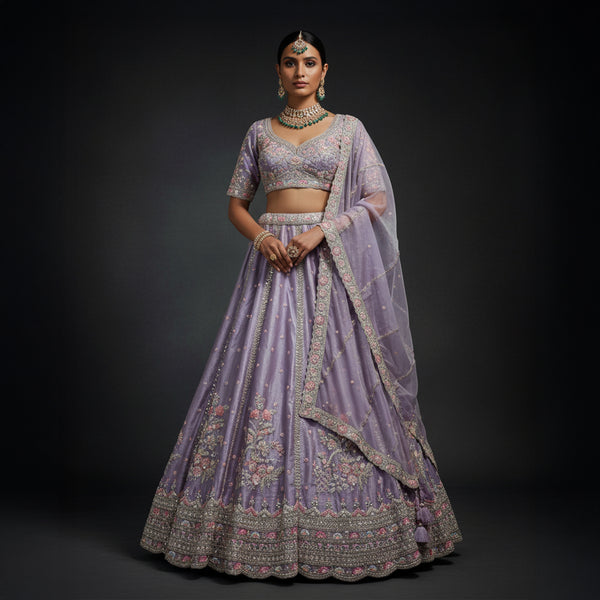 Cherry Blossom -  Modern Minimal Boota Pattern Pastel Handwork Lehenga Lavender