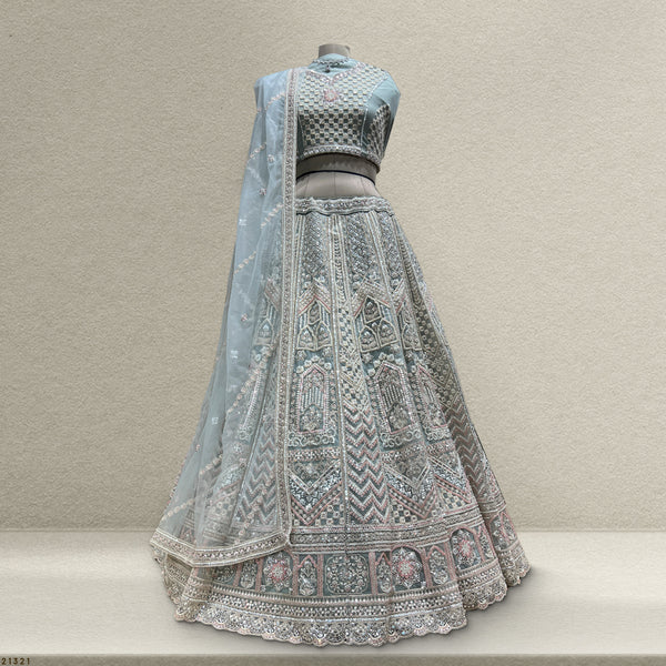 Jazzagals - Beads & Pearls Handwork Sky Blue Lehenga - JMS Studio