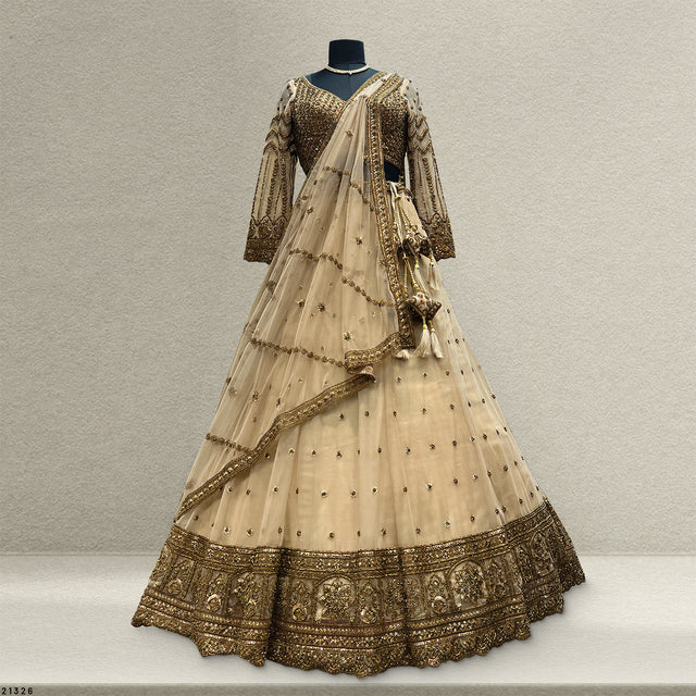 Beige net lehenga dress with gold embroidered border and tiered skirt, long sleeves