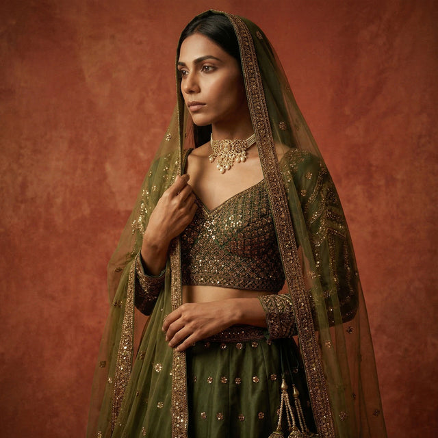 Green blouse and skirt with gold sequined yoke, sheer dupatta with trim