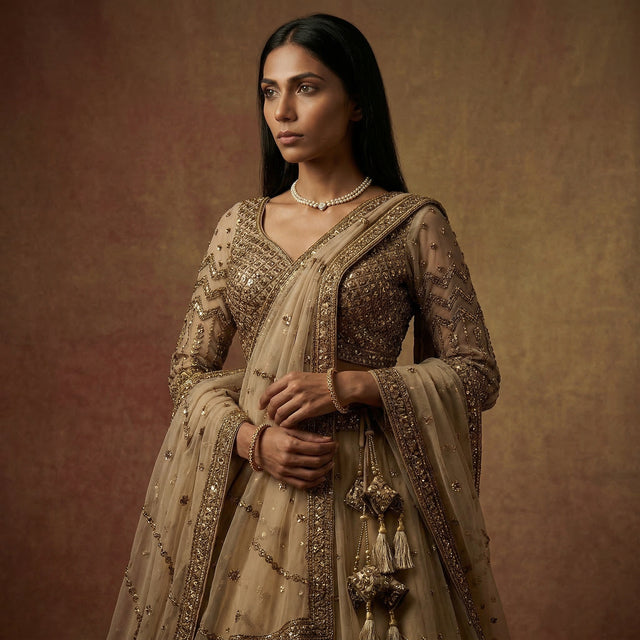 Beige embellished blouse and dupatta set with gold beadwork and tassel details