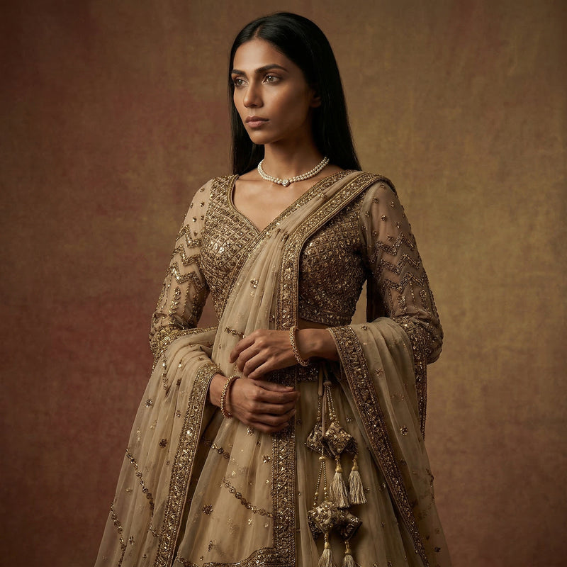 Beige net lehenga blouse set with gold embroidery, tassel trim, and draped dupatta