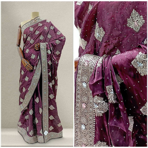 Maroon silk party saree with silver stonework allover and ornate border