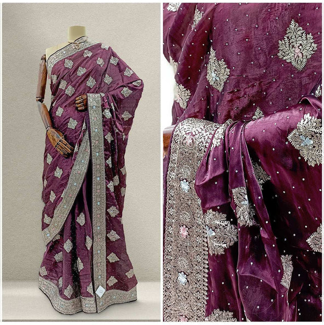Purple silk partywear saree with silver stonework motifs and ornate pallu border