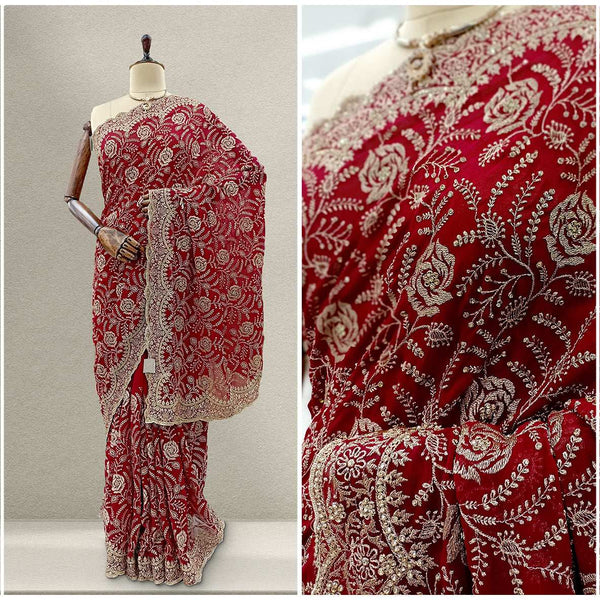 Maroon georgette saree with silver-tone floral stonework embroidery