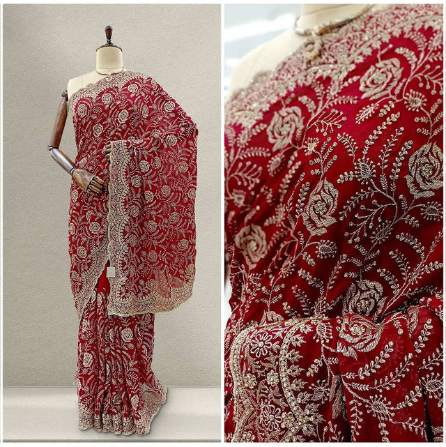 Maroon georgette saree with silver-tone floral stonework embroidery