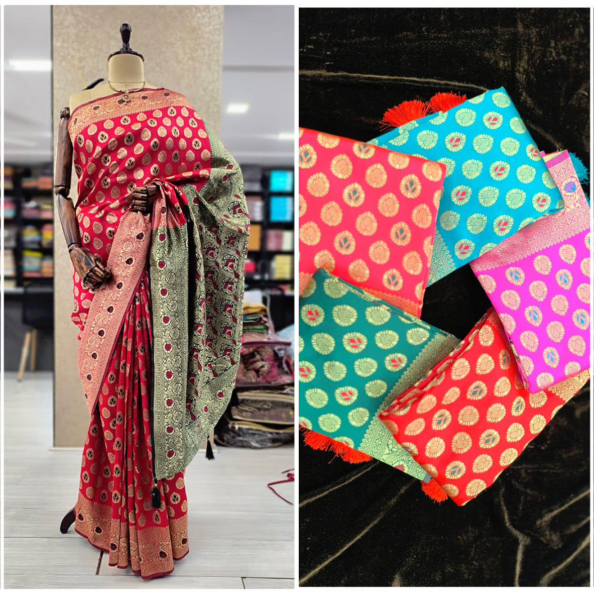 JMS_Studio Art Silk Banarsi Multicolor Saree with Golden Weaves - JMS Studio