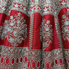 Royal red bridal lehenga skirt with silver floral embroidery border