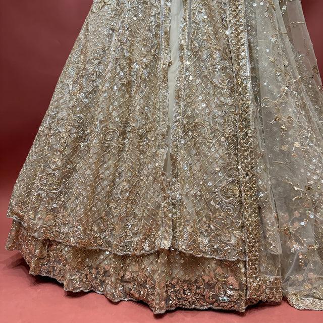 Champagne net lehenga skirt with cutdana and sequin embroidery and layered border