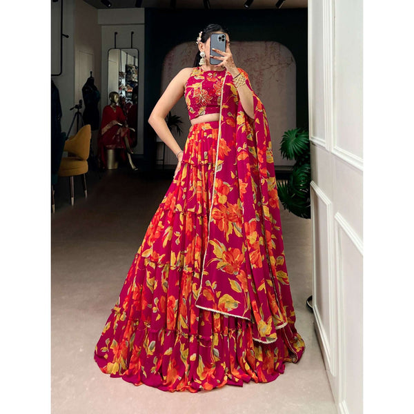 Butterfly - Chiffon Floral Print Flared Lightweight Lehenga Choli Pink