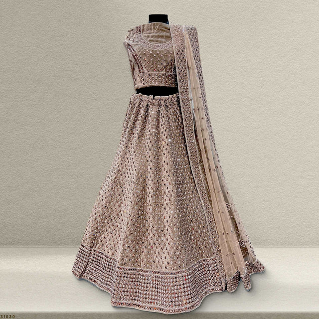 Metallic grey velvet lehenga skirt with mirror work and embellished hem