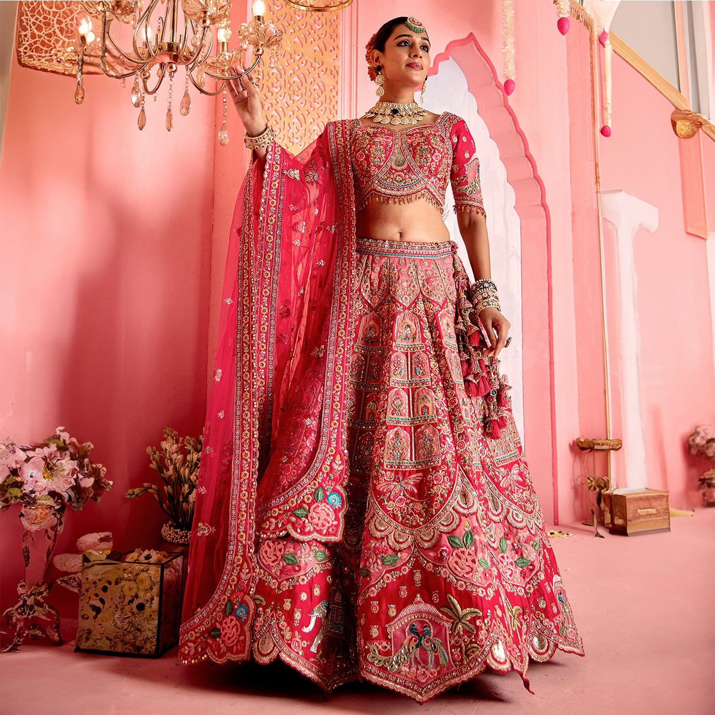 Rosé - Celebrity Designer Couture Multicolor Patchwork Silk Lehenga