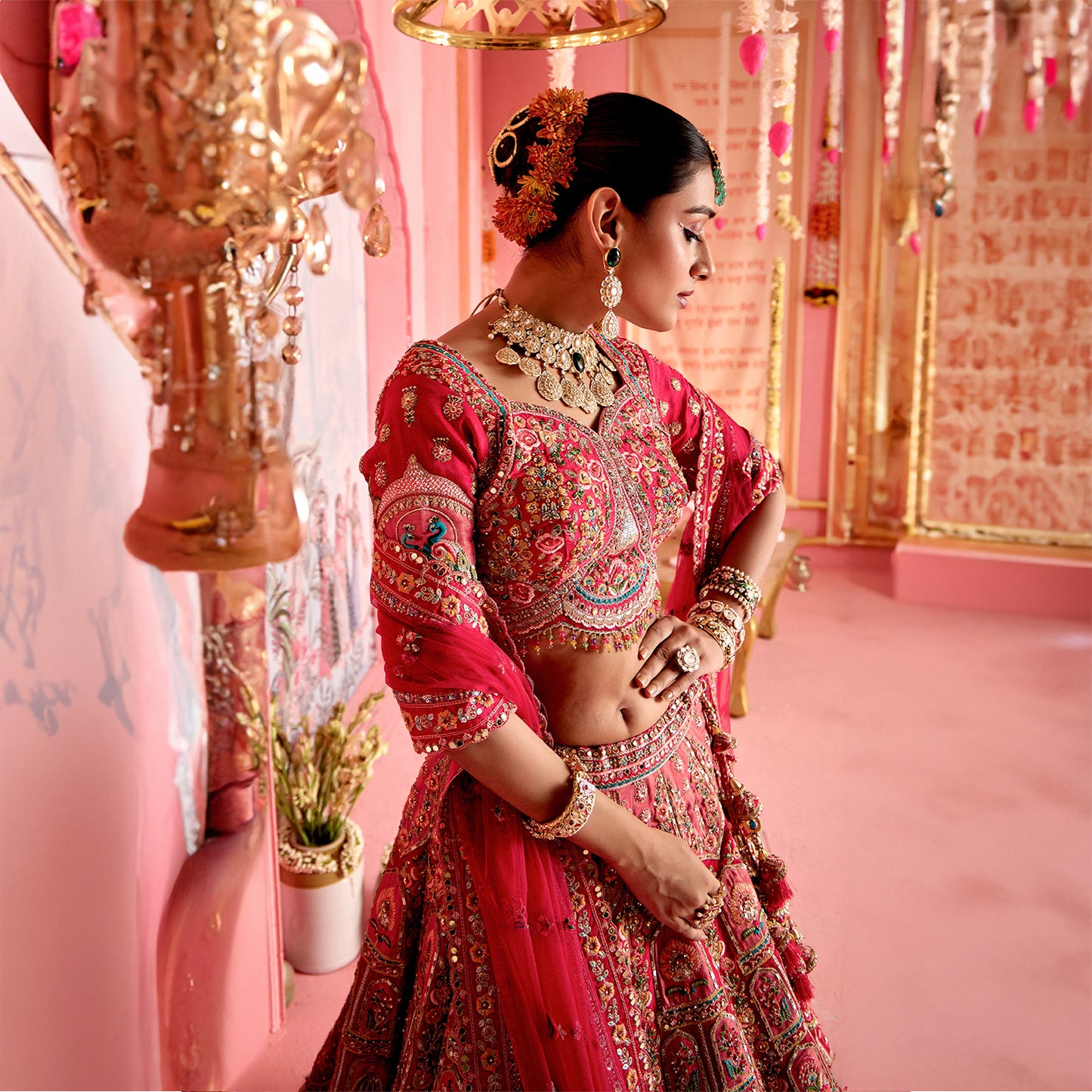 Rosé - Celebrity Designer Couture Multicolor Patchwork Silk Lehenga